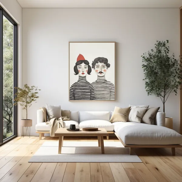 Man and Woman in Striped Clothes, Watercolor Art Print
