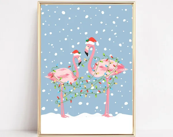 Christmas Flamingo Art Print, Festive Holiday Decor