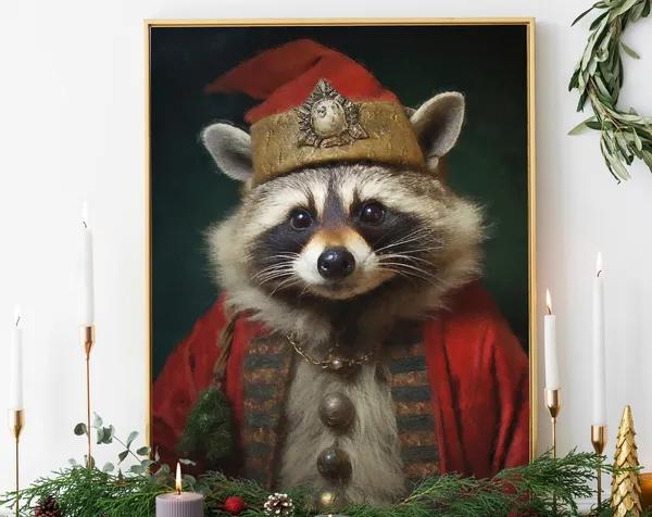Christmas Raccoon Vintage Portrait Art Print