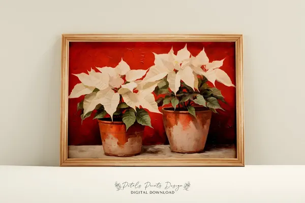 Poinsettia Rustic Christmas Art Print, Vintage Holiday