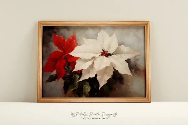 Vintage Christmas Poinsettia Rustic Holiday Art Print
