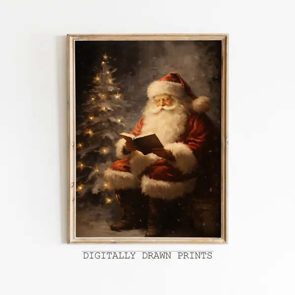 Vintage Christmas Santa Reading Book Farmhouse Art Print
