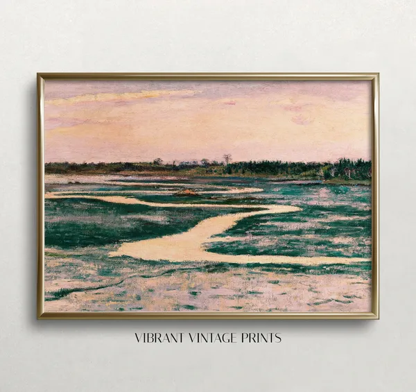 Marsh With Pink Sky Vintage Landscape Art Print