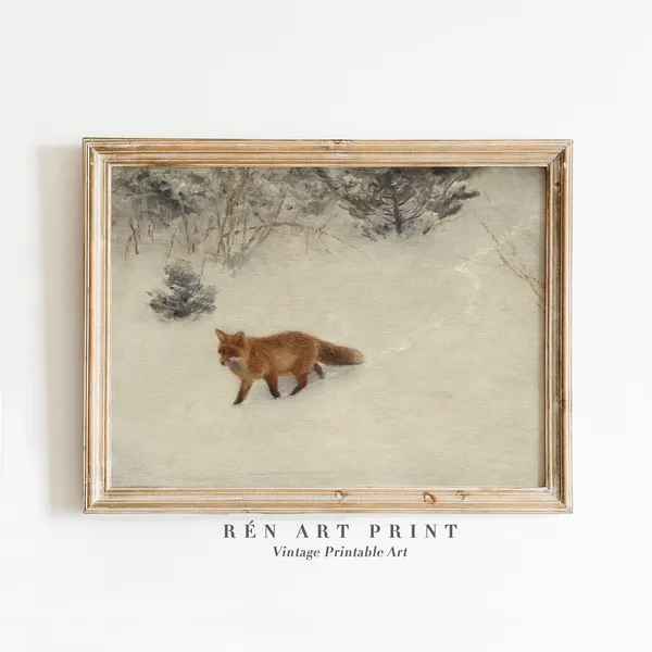Fox In Winter Painting, Vintage Rustic Art Print