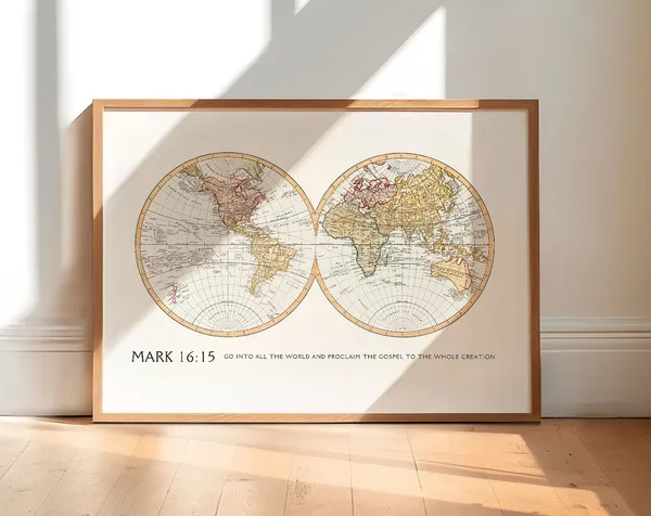 Mark 16:15 Vintage World Map Christian Wall Art