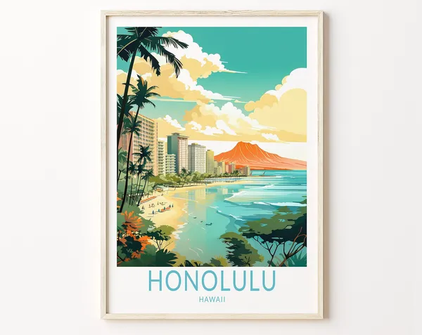 Honolulu Hawaii Travel Poster, Coastal Travel Art Print