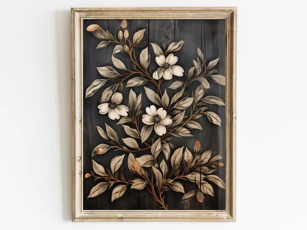Black Floral Print, Rustic Vintage Botanical Art