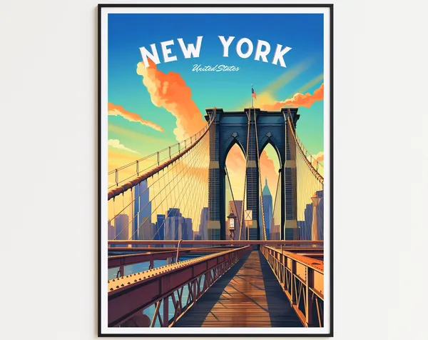 New York Vintage Travel Poster, Brooklyn Bridge