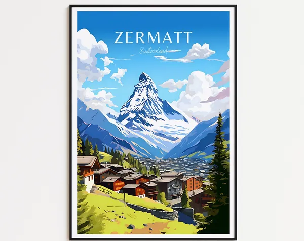 Zermatt Vintage Travel Poster, Switzerland Matterhorn