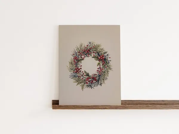Christmas Wreath Vintage Drawing, Festive Decor Art Print