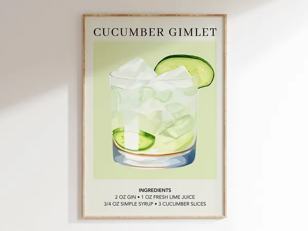 Cucumber Gimlet Art Print, Minimalist Retro Cocktail