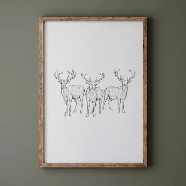 Reindeer Drawing Print, Neutral Vintage Holiday Art