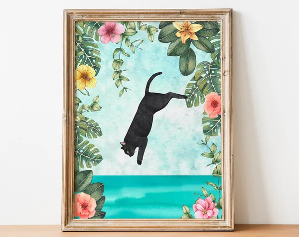 Black Cat Painting Tropical Animal Print