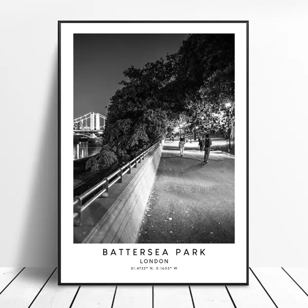 Battersea Park Black and White London Travel Poster
