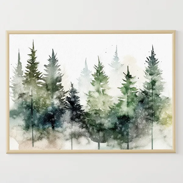 Pine Forest Watercolor Art Print, Foggy Evergreens