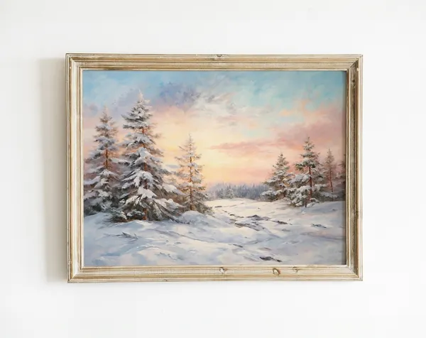 Snowy Forest Landscape Art Print, Rustic Vintage Nature