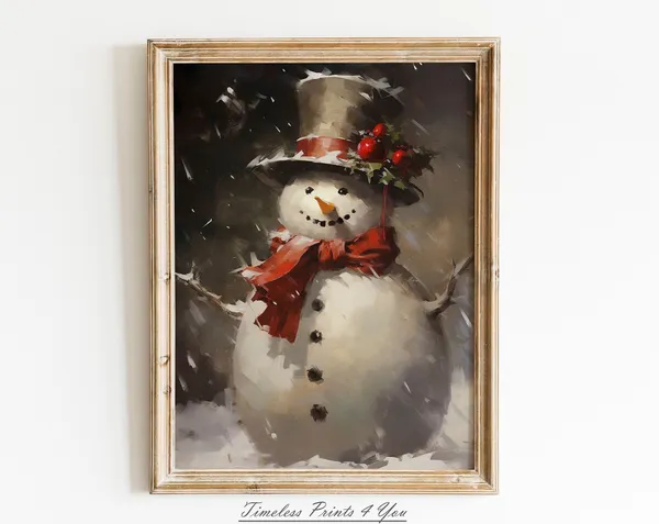 Snowman Vintage Christmas Art Print, Rustic Decor