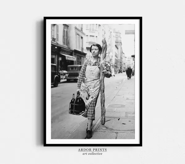 French Woman With Baguette And Wine, Vintage Paris