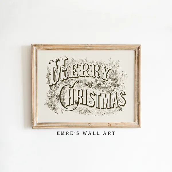 Merry Christmas Drawing Art, Vintage Holiday Poster