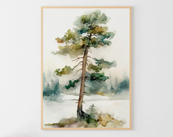 Pine Tree Watercolor Forest Poster, Neutral Nature Art