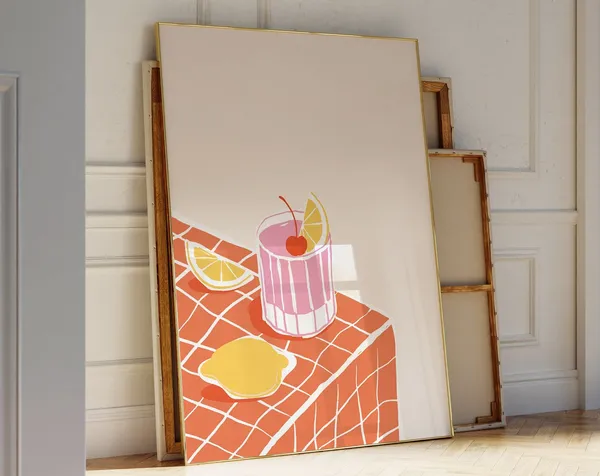 Cocktail Print, Blue Checkered Retro Bar Cart Art