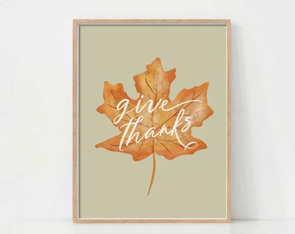 Give Thanks Watercolor Leaf Print, Fall Decor