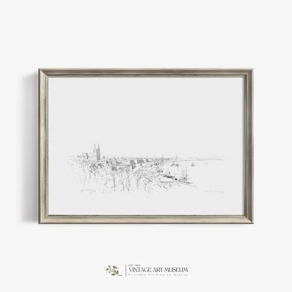 Cityscape Art Sketch Print, Minimalist Vintage French