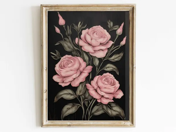 Vintage Pink Rose Floral Art Print, Farmhouse Decor