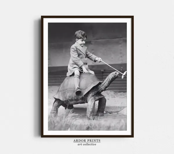 Boy Riding Pet Tortoise Vintage Photo Humor Print