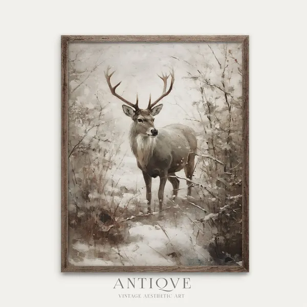 Winter Reindeer in the Snow, Rustic Christmas Art Print