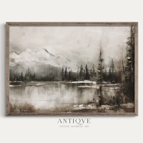 Winter Snowy Landscape Painting, Rustic Christmas Decor