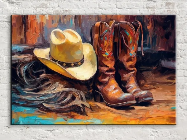 Texas Cowboy Boots and Hat Art Print, Western Decor
