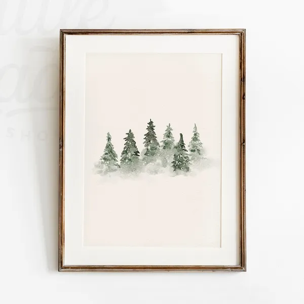 Minimal Winter Tree Christmas Art Print, Rustic Earthy