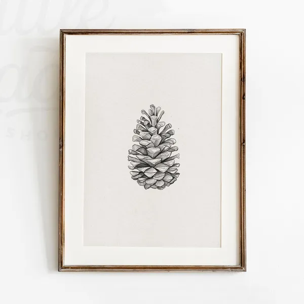 Pinecone Sketch Christmas Print, Rustic Vintage Style