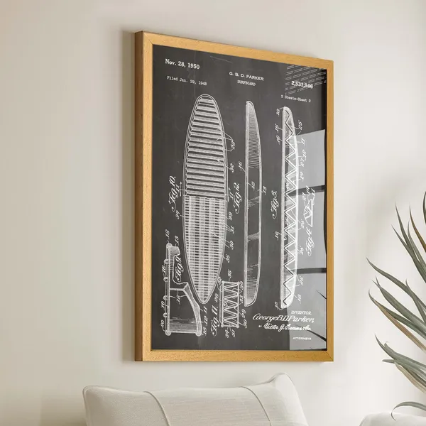 1950 Surfboard Patent Print, Vintage Surfing Decor