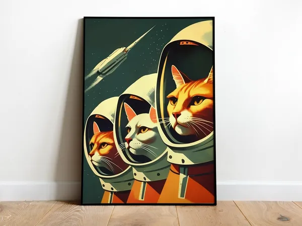 Retro Space Cats Astronaut Poster, Soviet Space Art