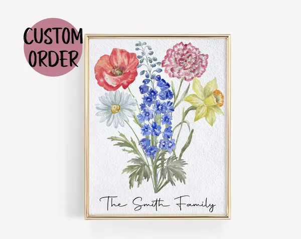 Family Birth Flower Bouquet, Mothers Day Watercolor Art Print