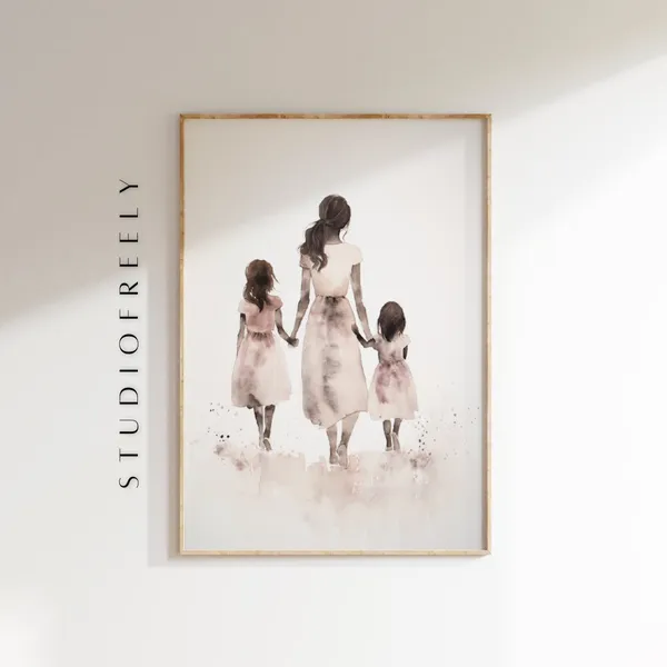 Watercolor Mom With 2 Daughters Modern Family Portrait