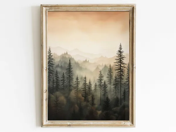 Watercolor Forest Landscape, Spruce Fir Pine Art Print