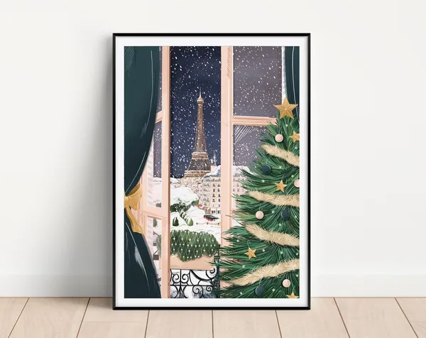 Paris At Christmas Travel Poster, Holiday Decor