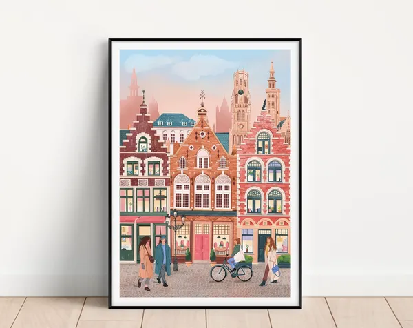 Bruges Travel Poster, Belgium Market Square Art Print