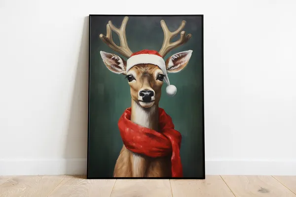 Christmas Reindeer Portrait Art Print, Holiday Decor