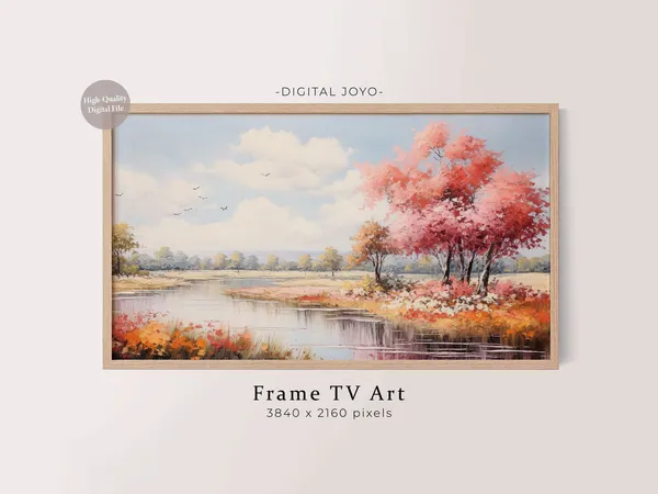 Autumn Lake Art Print, Pink Fall Trees