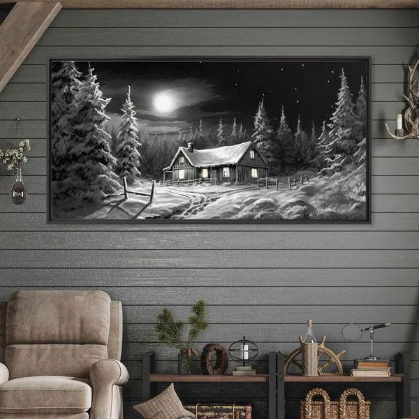 Log Cabin Winter Landscape, Black And White Art Print
