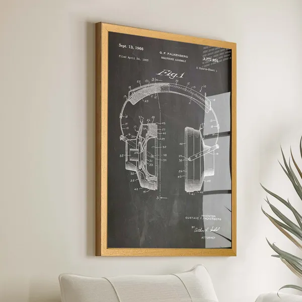 Vintage Headphones Patent Print, Music Wall Art