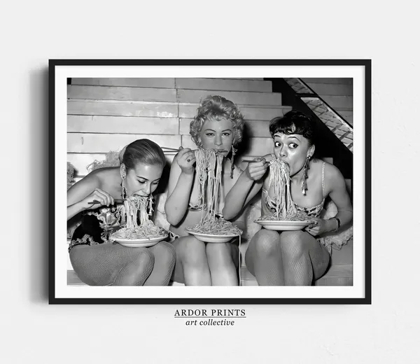 Women Eating Spaghetti With Chopsticks, Vintage Print