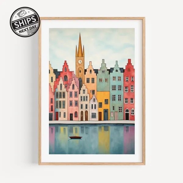 Bruges Belgium Watercolor Travel Poster, Modern Art