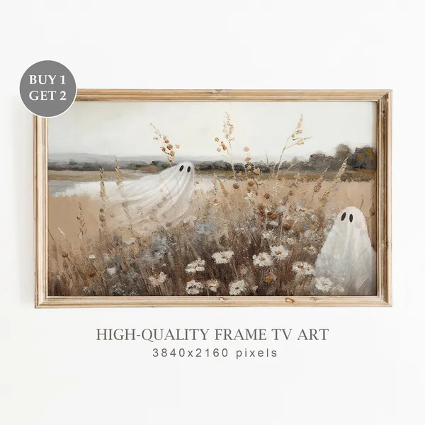 Halloween Wildflower Field Ghost Art, Vintage Fall Landscape