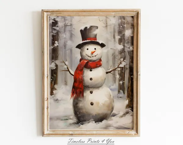 Snowman In Forest Rustic Christmas Art Print