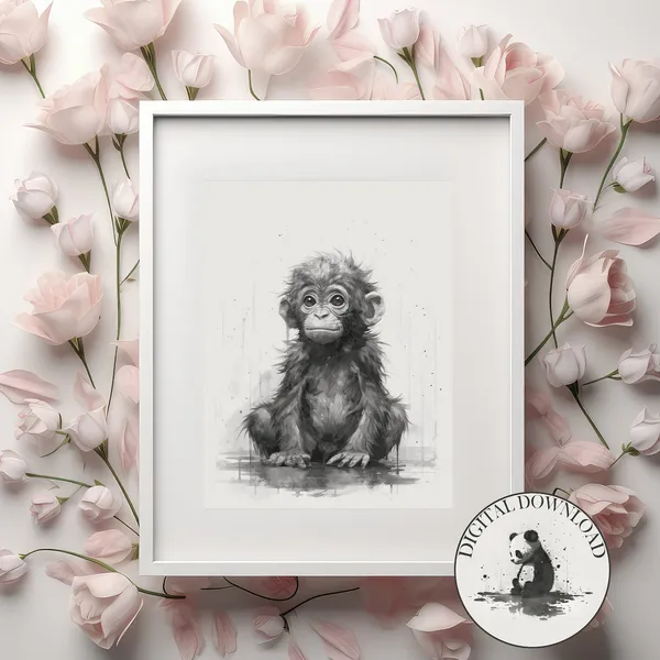 Chimpanzee Infant Nursery Decor Ink Drawing Art Print